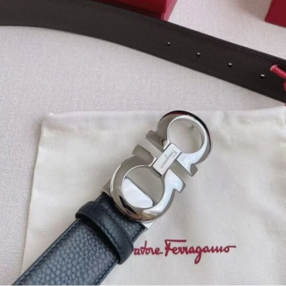 Salvatore Ferragamo Black Leather Belt with Silver Buckle